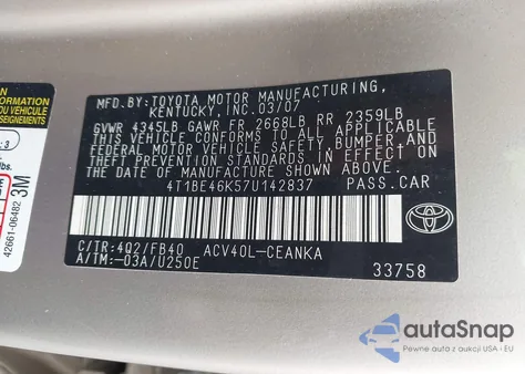 2007 Toyota Camry Ce из США, поврежденный, VIN 4T1BE46K57U142837